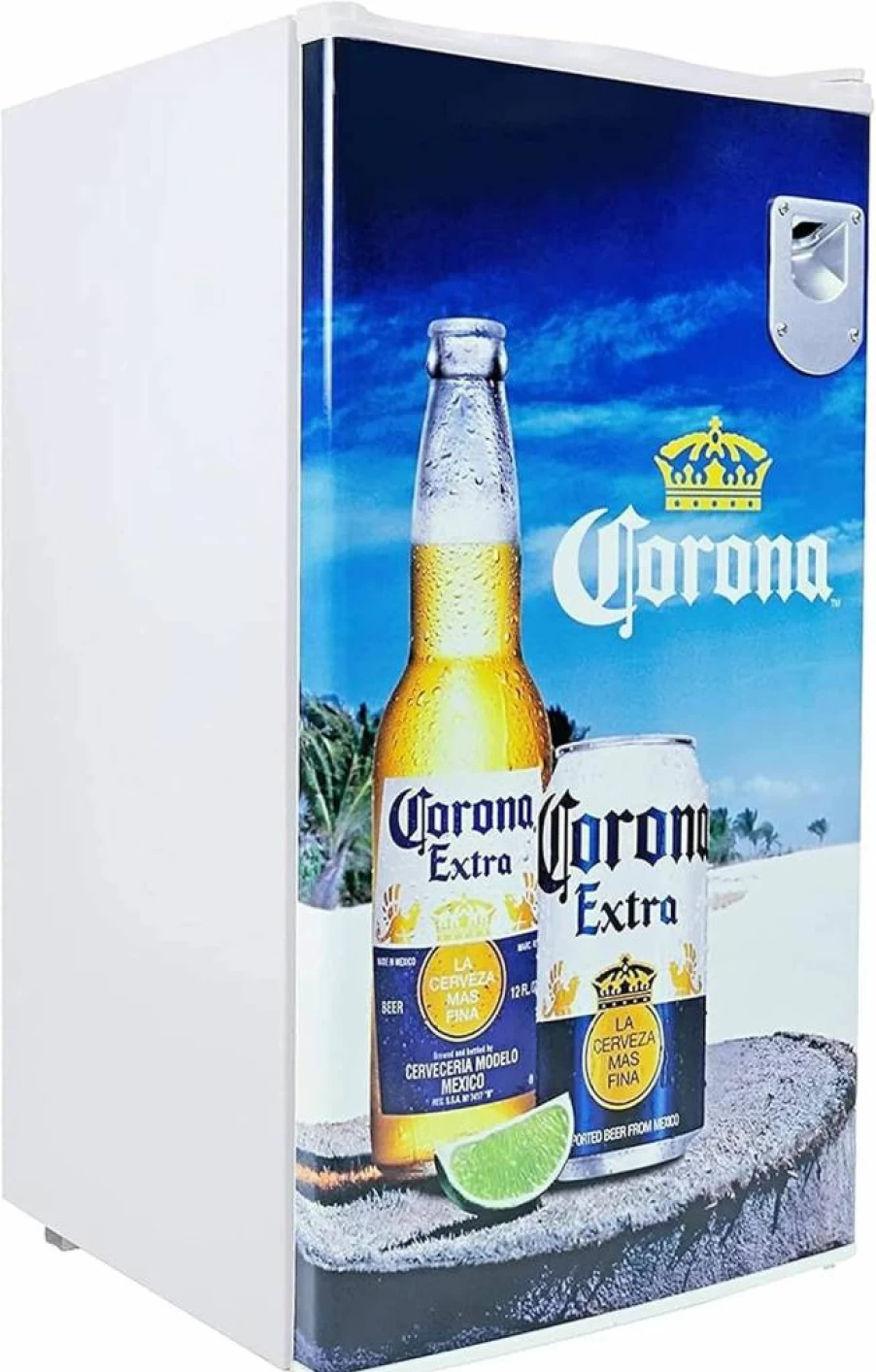 Corona Extra Compact Refrigerator 3.2 Cu Ft - 90L Beverage Fridge with Built-In Bottle Opener for Beer, Snacks, Office, Dorm, RV & Game Rooms