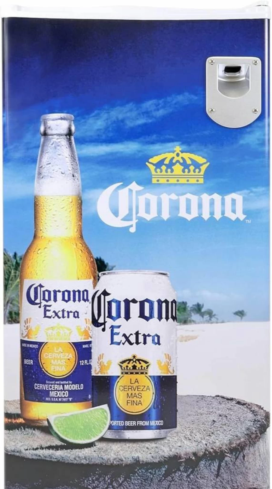 Corona Extra Compact Refrigerator 3.2 Cu Ft - 90L Beverage Fridge with Built-In Bottle Opener for Beer, Snacks, Office, Dorm, RV & Game Rooms