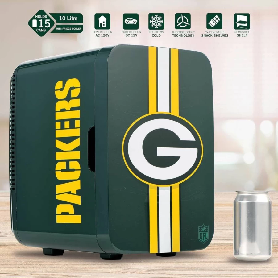 Ukonic 10L Portable Mini Fridge - Green Bay Packers NFL Officially Licensed Cooler, AC/DC Power for Car, Office, Tailgates, Home with Team Logo & Colors