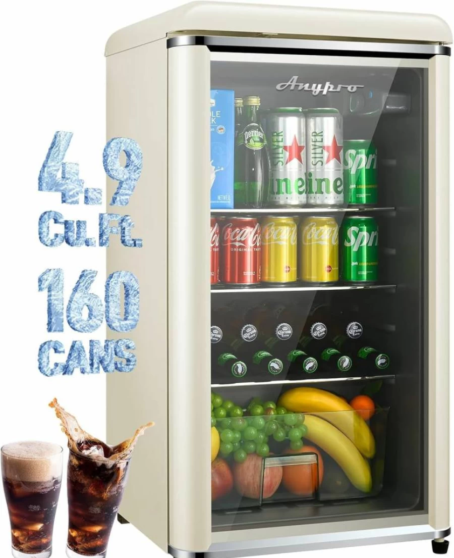 AnyPro 3.4 Cu.Ft Retro Mini Fridge - Double Glass Door Beverage Cooler for 120 Cans, 7 Temperature Settings, Adjustable Shelves, Ideal for Office, Bedroom, Bar - Blue