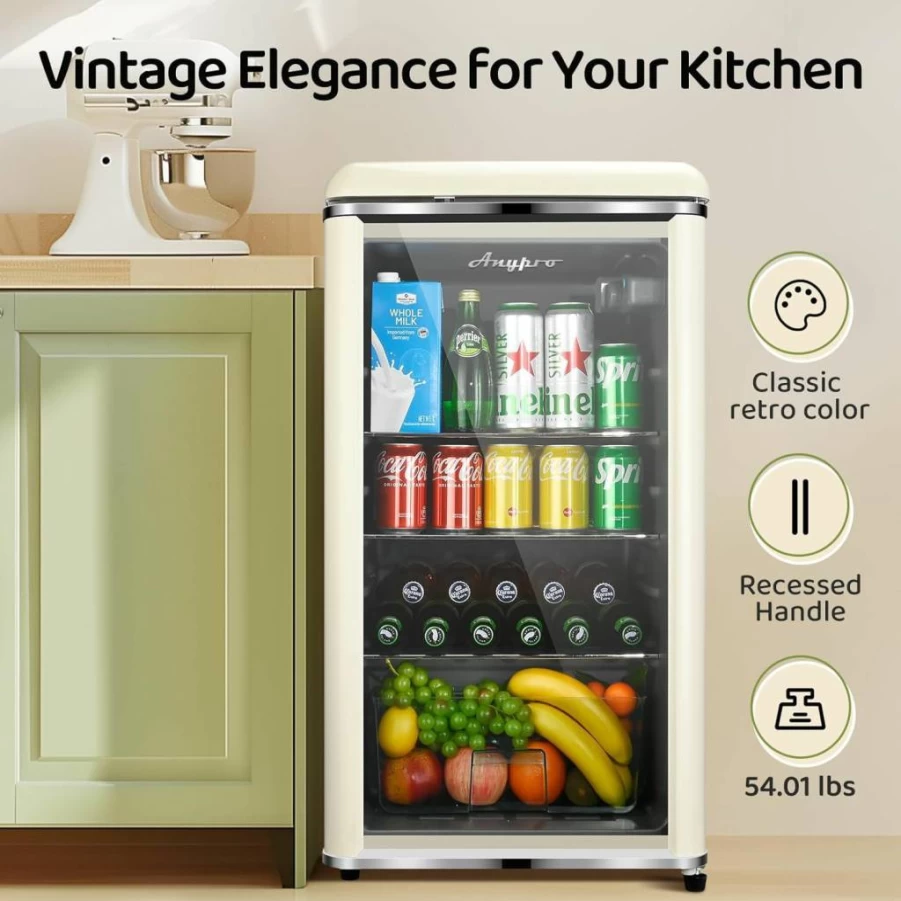 AnyPro 3.4 Cu.Ft Retro Mini Fridge - Double Glass Door Beverage Cooler for 120 Cans, 7 Temperature Settings, Adjustable Shelves, Ideal for Office, Bedroom, Bar - Blue