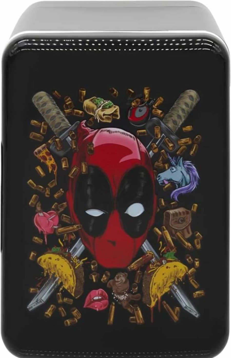 Deadpool Mini Fridge by Orbit Innovations - 6 Can Cooler for Drinks, Snacks & Skincare - Portable Small Refrigerator for Home, Office, Dorm - Unique Christmas Gift for Marvel Fans