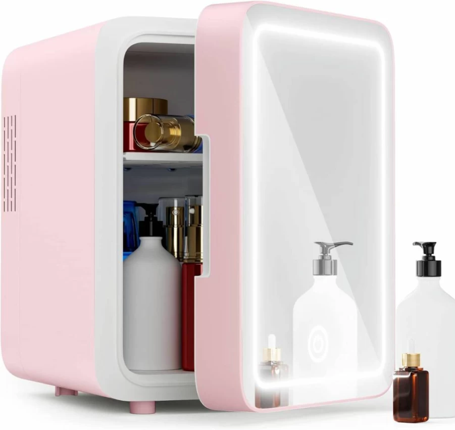 Easy-Take Pink 4L Skincare Fridge with LED Mirror - Portable Mini Cooler & Warmer for Cosmetics, Food, Bedroom, Office, Car