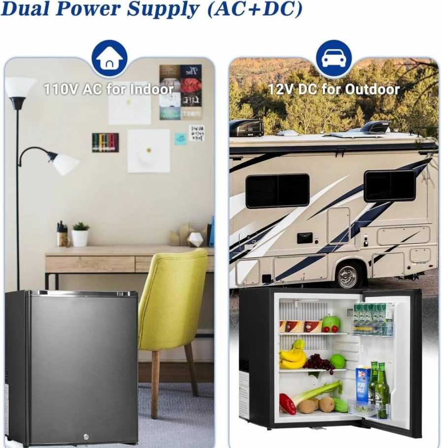 Smad 2.1 Cu.Ft Compact Refrigerator - 110V/12V Portable Fridge for RV, Truck, Caravan, Car with Reversible Door, Lock, Noise-Free Cooling, Black