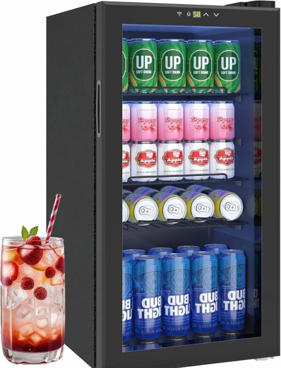 PLENTORA 3.2 Cu.Ft Mini Beverage Fridge with Glass Door - 130 Can Capacity, Electronic Temperature Control for Beer, Wine, Soda - Compact Drink Cooler for Home, Office, Bar