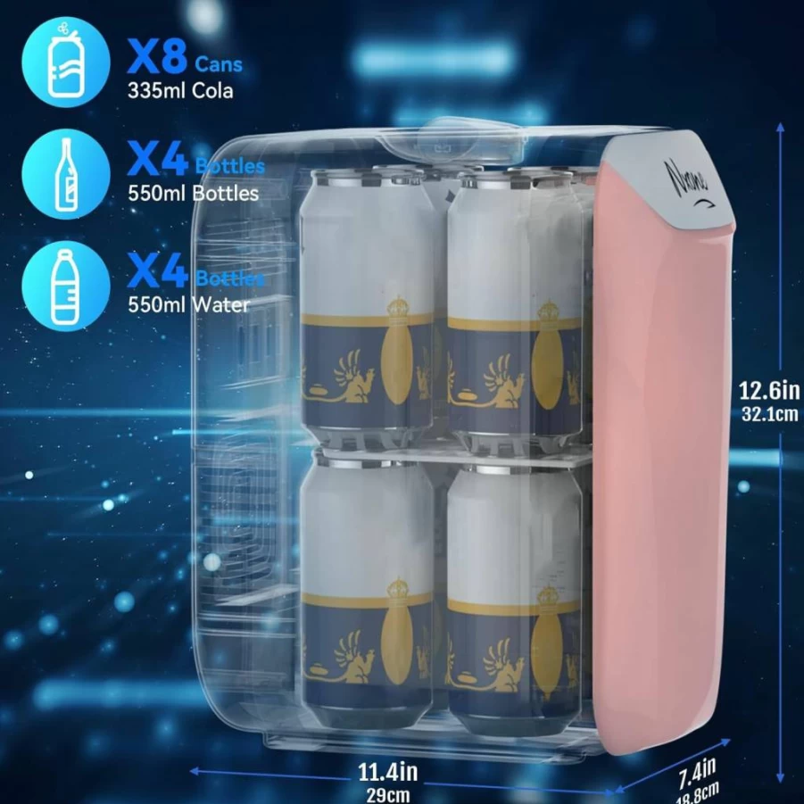 NXONE 8 Can Mini Fridge - 6L Portable Thermoelectric Cooler & Warmer for Cosmetics, Food, Bedroom, Office, Dorm, Car - 110V AC/12V DC Small Refrigerator