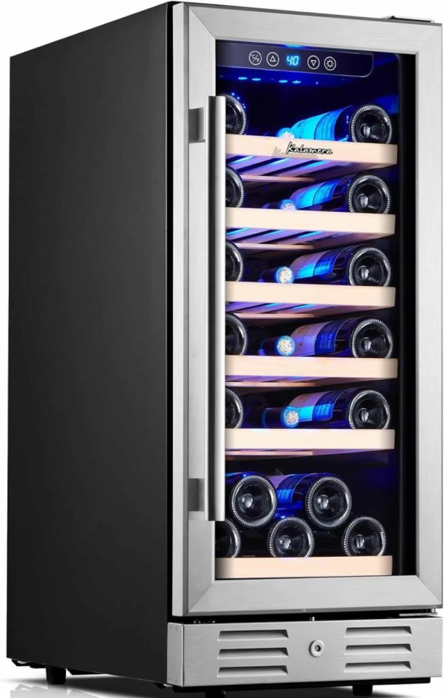 Kalamera 30 Bottle Wine Cooler - 15" Freestanding Built-In Mini Fridge with Double-Layer Tempered Glass Door, Temperature Memory, Stainless Steel Design