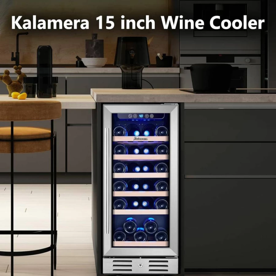 Kalamera 30 Bottle Wine Cooler - 15" Freestanding Built-In Mini Fridge with Double-Layer Tempered Glass Door, Temperature Memory, Stainless Steel Design