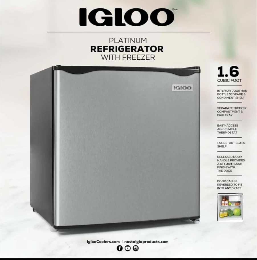 Igloo 1.6 Cu.Ft. Mini Fridge with Adjustable Thermostat, Glass Shelves, Freezer Compartment & Drip Tray - Energy Efficient Compact Refrigerator in Black