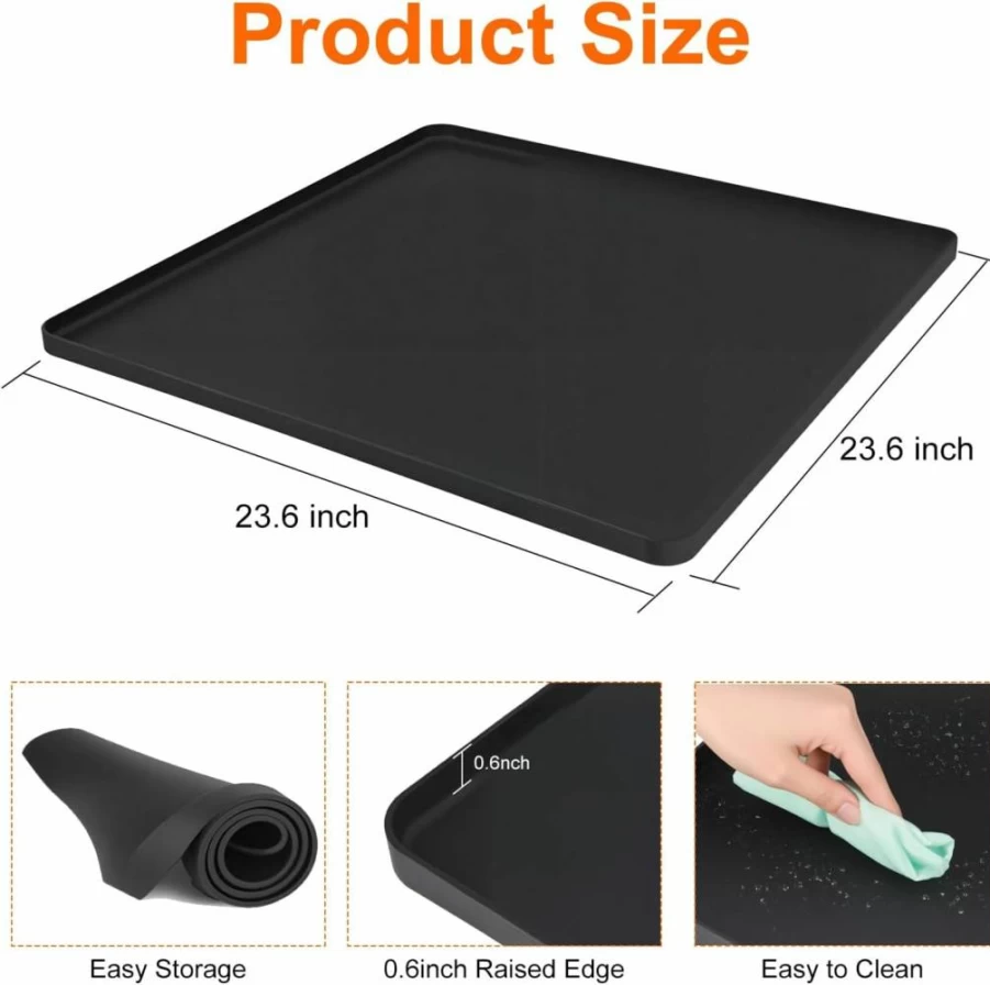 UUFCTY Non-Slip Silicone Mini Fridge Mat - 23.6x23.6 Inch Leak-Proof Drip Tray for Refrigerator, Washer & Carpet Floor Protection, Black