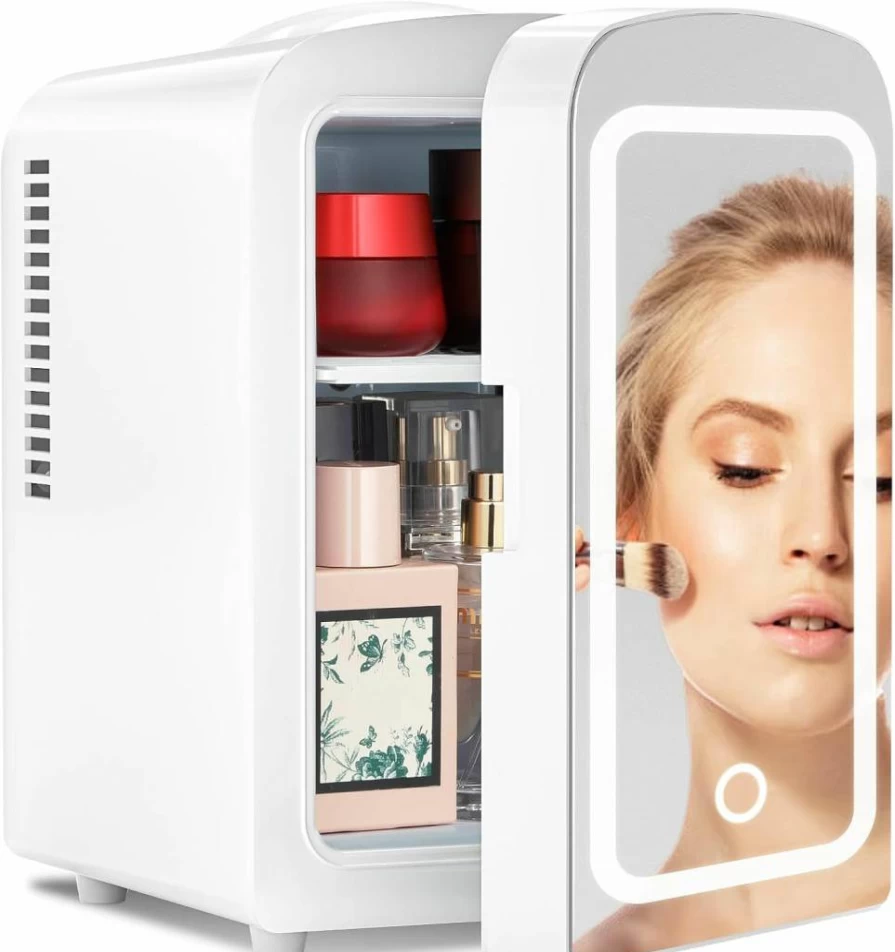 Antarctic Star 4L Mini Makeup Fridge with LED Mirror - Portable Cosmetic Cooler for Skincare, Bedroom, Car, Office & Dorm - White