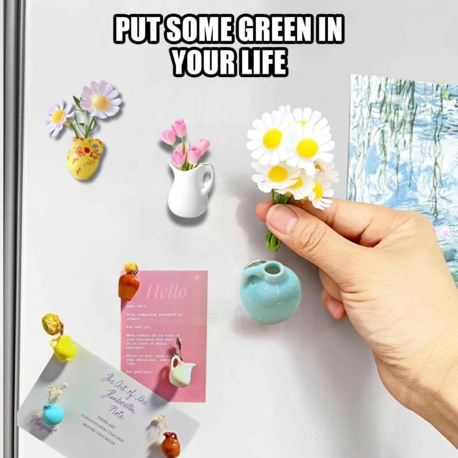 Cute Mini Ceramic Vase Magnets for Fridge - Tiny Flower Pot Decor for Kitchen, Office, Refrigerator