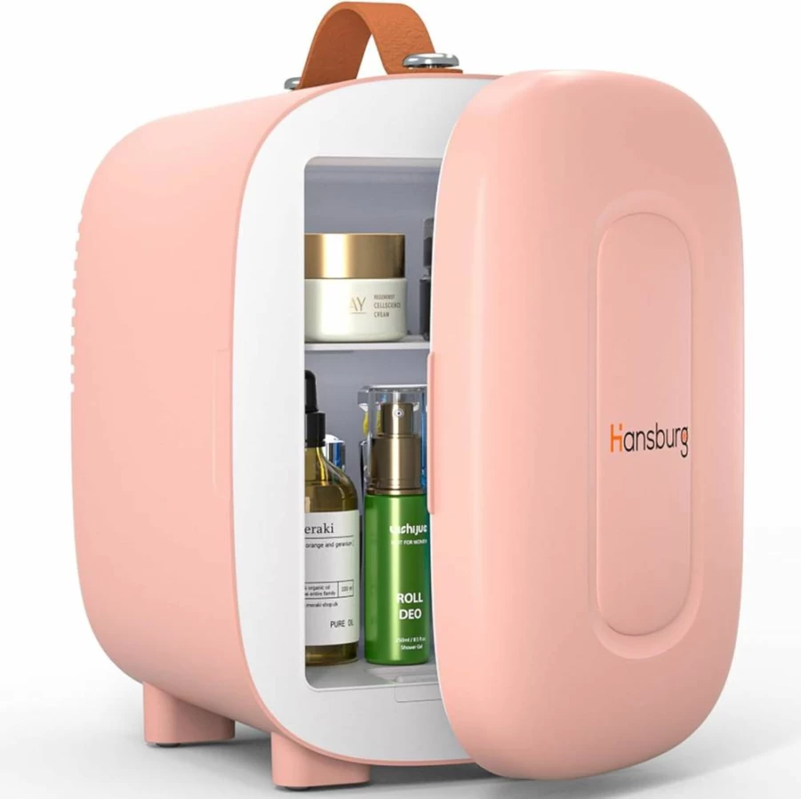 Hansburg 4L Mini Fridge - Portable Skincare Cooler & Warmer for Bedroom, Office, Car with 12V/AC/DC/USB, 6-Can Capacity for Food, Drinks, Makeup (Dorm & Travel Friendly)