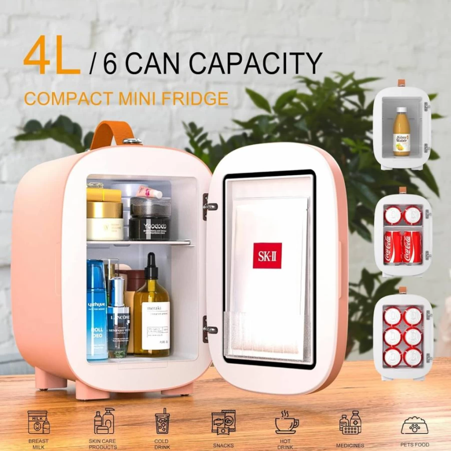 Hansburg 4L Mini Fridge - Portable Skincare Cooler & Warmer for Bedroom, Office, Car with 12V/AC/DC/USB, 6-Can Capacity for Food, Drinks, Makeup (Dorm & Travel Friendly)