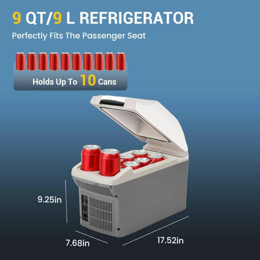 PUNEDA 12V/110V Portable Car Refrigerator Cooler and Warmer - 8 Quart (9L) Compact Thermoelectric Fridge for Car, RV, Camping - Grey