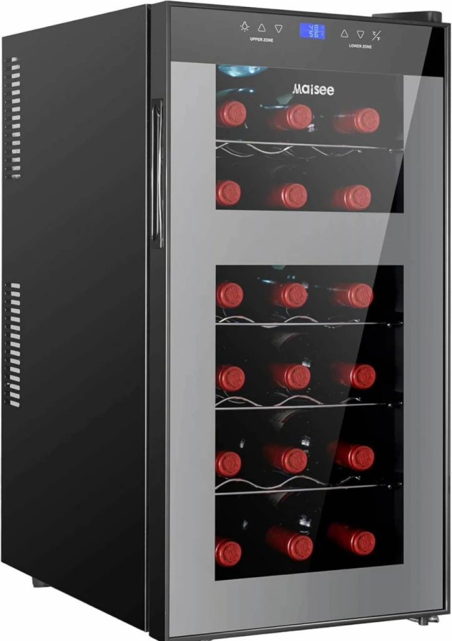 Maisee 18 Bottle Dual Zone Wine Cooler - Adjustable Temperature (46°F-65°F) for Red, White & Champagne - Compact Freestanding Design for Home, Office, or Countertop - Black