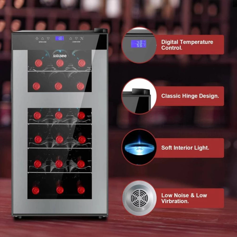 Maisee 18 Bottle Dual Zone Wine Cooler - Adjustable Temperature (46°F-65°F) for Red, White & Champagne - Compact Freestanding Design for Home, Office, or Countertop - Black