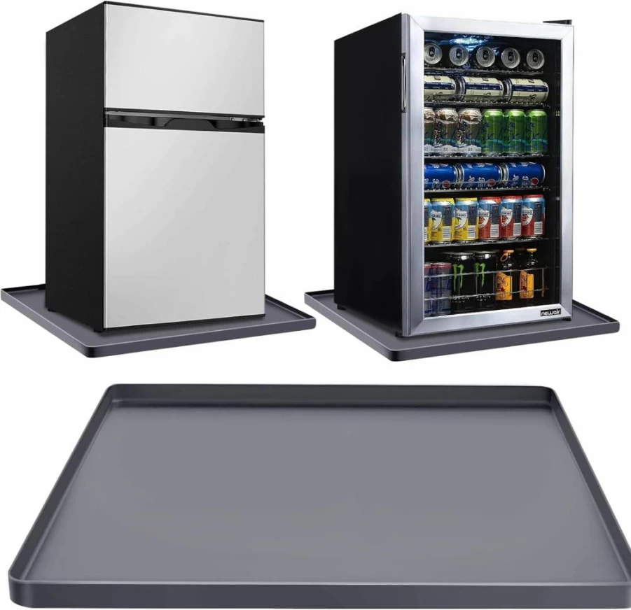 Pnsicei Mini Fridge Mat 24x24 Inch, Silicone Refrigerator Tray with Raised Edge, Leak-Proof Freezer Liner for Water Spills, Easy to Clean Under Fridge Protector (Black)