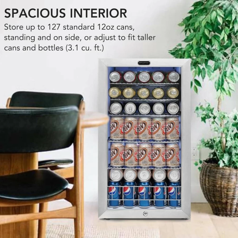 Whynter BR-130SB 3.1 Cu Ft Stainless Steel Beverage Cooler - 127-Can Capacity, Freestanding Drink Fridge with Double-Layer Glass Door
