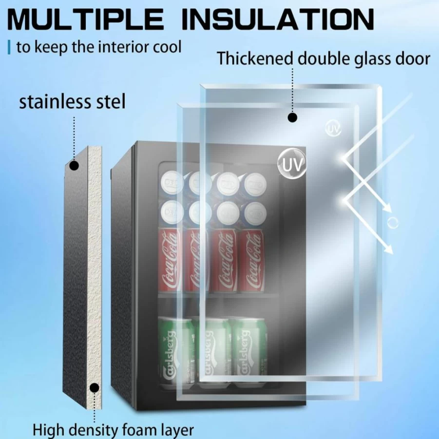 Erivess 3.1 Cu Ft Beverage Refrigerator - 110 Can Mini Fridge with Glass Door, Adjustable Shelves, Digital Display for Soda, Beer, Wine - Freestanding Cooler for Home, Bar, Office