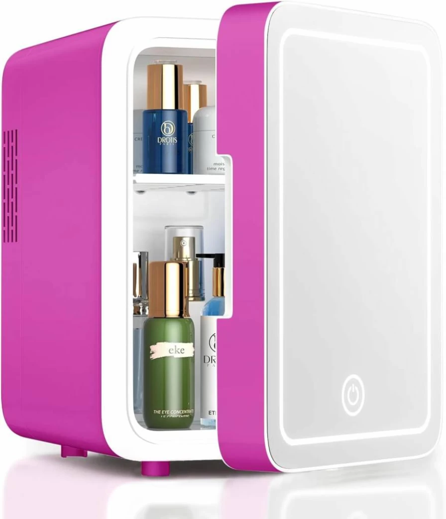 CUTIEWORLD 4L Mini Skincare Fridge with Dimmable LED Light Mirror, Portable Cool & Heat Cosmetic Fridge for Makeup, Skincare, Food, Travel, Desktop - Rose Red