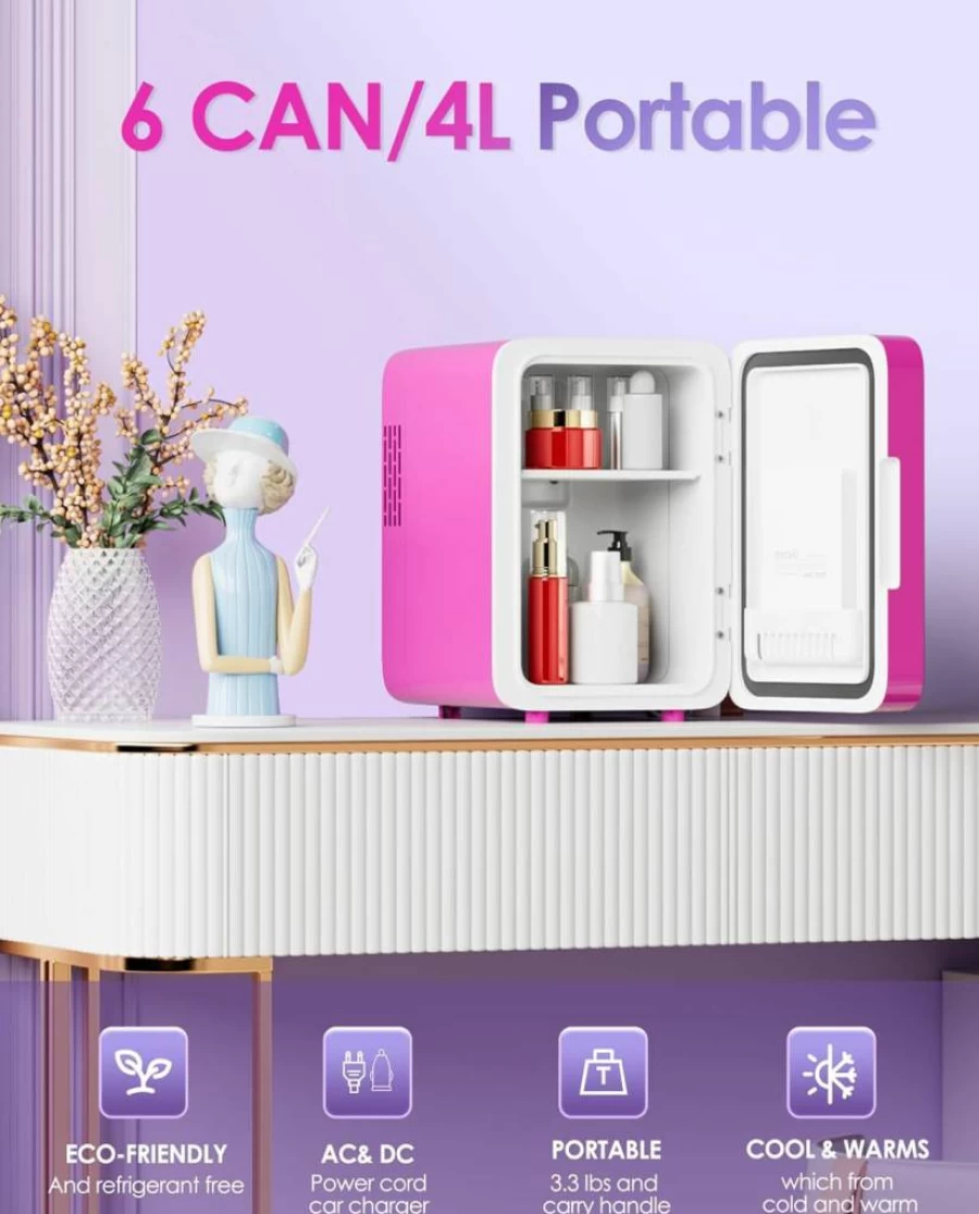 CUTIEWORLD 4L Mini Skincare Fridge with Dimmable LED Light Mirror, Portable Cool & Heat Cosmetic Fridge for Makeup, Skincare, Food, Travel, Desktop - Rose Red
