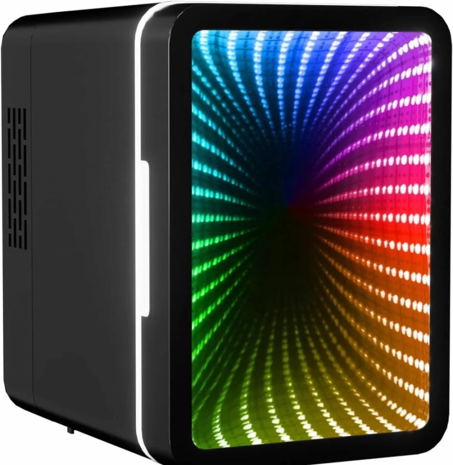Gardon Mini Fridge - 6 Can Thermoelectric Cooler & Warmer with LED Light, 12 Color Effects, Mirror Door for Bedroom, Office, Car & Gaming Room (AC/DC Powered)