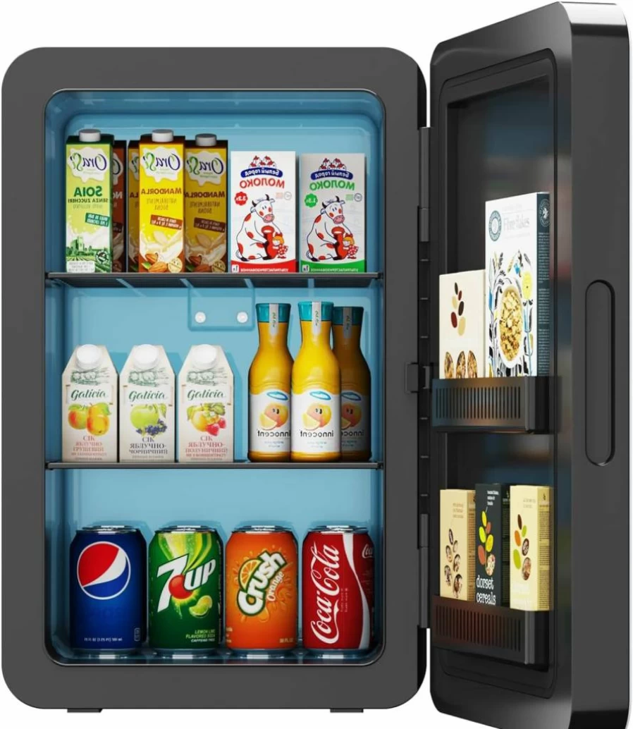 Kikihuose 22L Portable Mini Fridge - 12V DC Car Refrigerator & Warmer with Glass Front for Bedroom, Office, Dorm - Cool Food, Beverages, Skincare (Black)