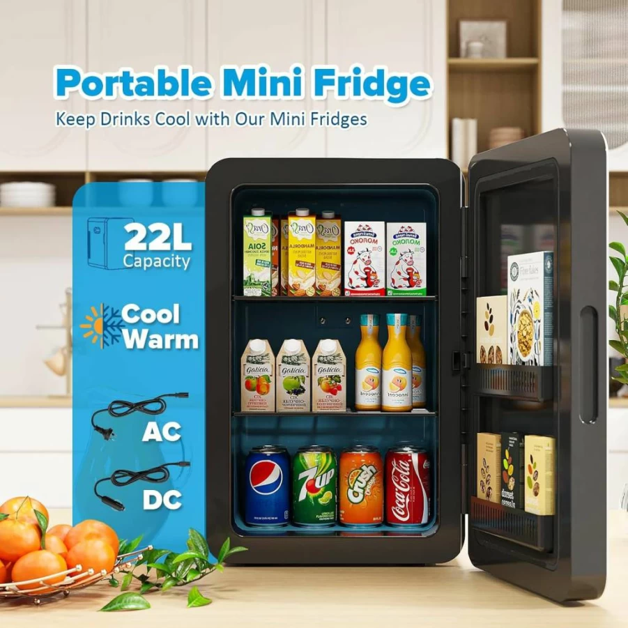 Kikihuose 22L Portable Mini Fridge - 12V DC Car Refrigerator & Warmer with Glass Front for Bedroom, Office, Dorm - Cool Food, Beverages, Skincare (Black)