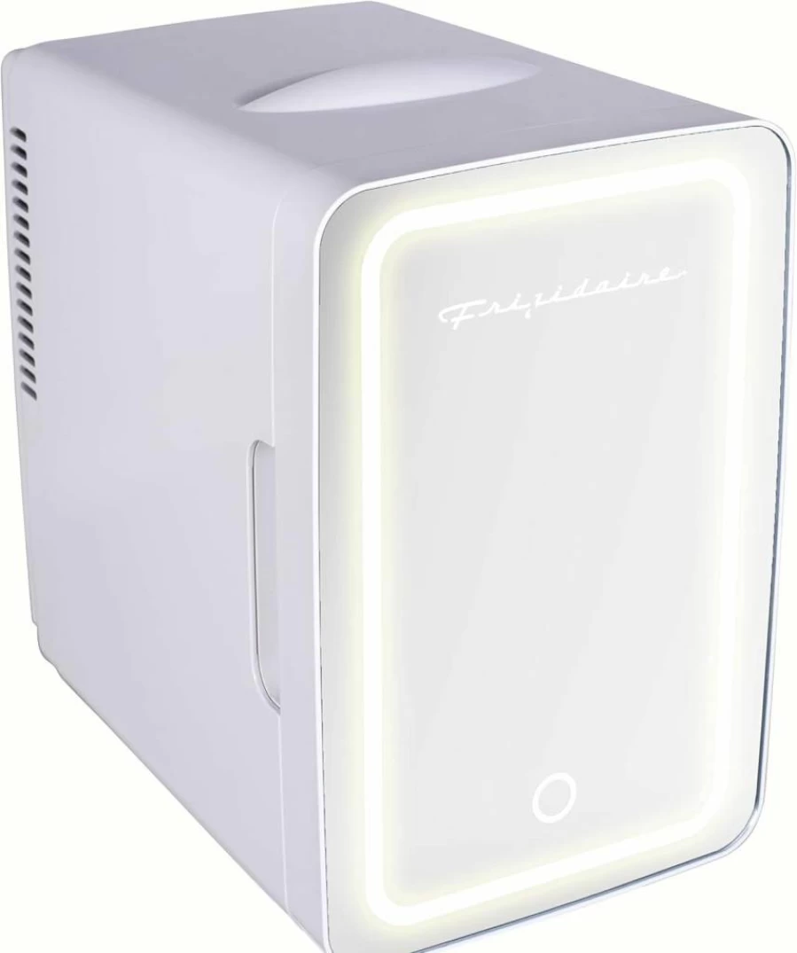 Frigidaire 6.5L Mini Personal Fridge with LED Lighted Mirror - Portable Cooler for Makeup, Skincare, and 9 Cans, Eco-Friendly Freon-Free Design, Black