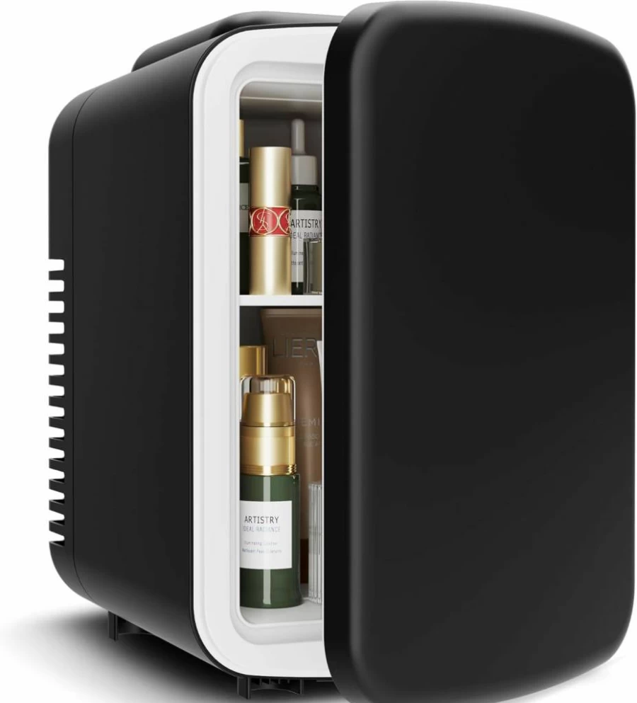 EUHOMY 4L Portable Mini Fridge - 6 Can Compact Cooler & Warmer for Cosmetics, Skincare, Beverages - Black Car & Bedroom Makeup Refrigerator