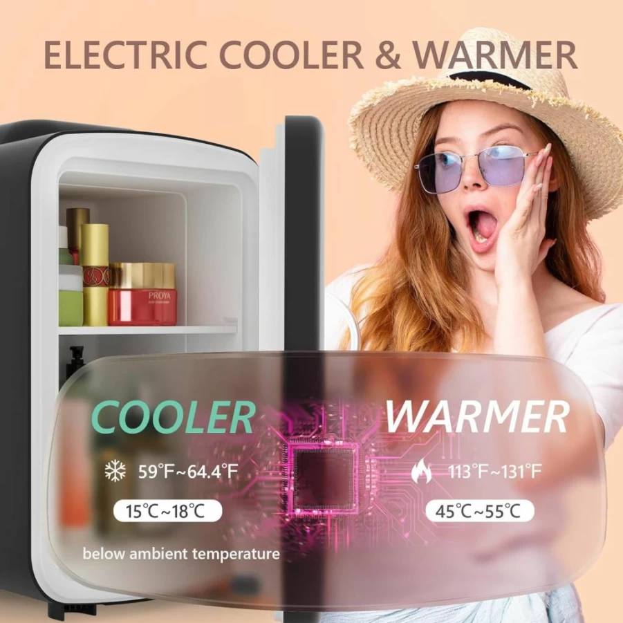 EUHOMY 4L Portable Mini Fridge - 6 Can Compact Cooler & Warmer for Cosmetics, Skincare, Beverages - Black Car & Bedroom Makeup Refrigerator