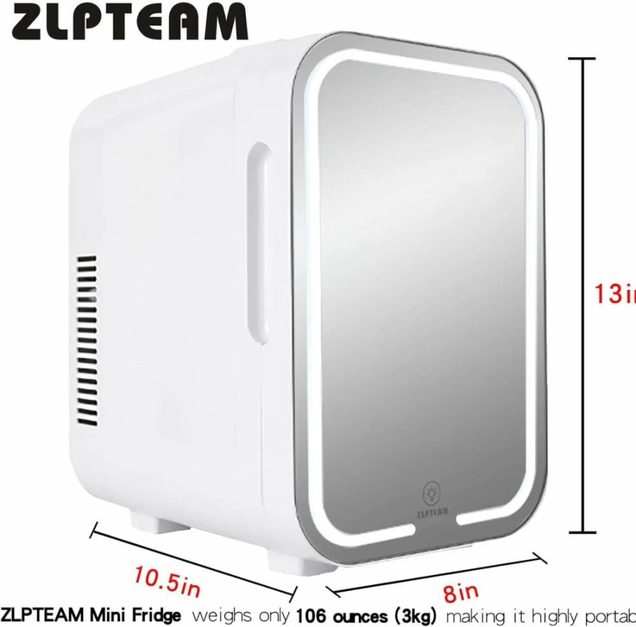 ZLPTEAM 8L Mini Fridge with Mirror Door - Adjustable LED Cooling Fridge for Cosmetics, Skincare, Bedroom, Dorm, Car - Quiet Portable Refrigerator Gift for Women