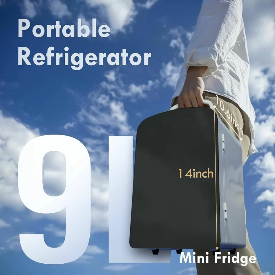 COYCYQI 9L Portable Mini Fridge - AC/DC 12V Cooler & Warmer for Bedroom, Office, Dorm, Car - Compact Refrigerator for Drinks, Food, Skincare, Makeup - 110V Black Fridge with Glass Front