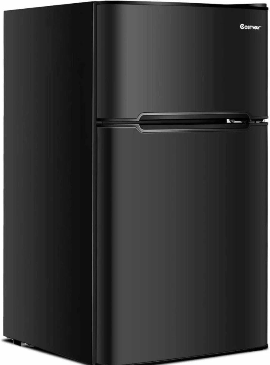 COSTWAY 3.2 Cu Ft Mini Fridge with Freezer, 2-Door Compact Refrigerator, Reversible Door, Removable Glass Shelves, Mechanical Controls for Dorm, Office, Apartment (Black)