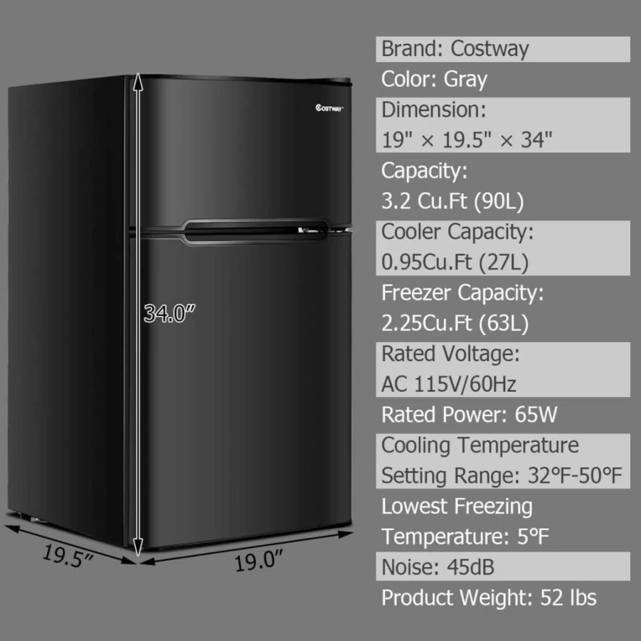 COSTWAY 3.2 Cu Ft Mini Fridge with Freezer, 2-Door Compact Refrigerator, Reversible Door, Removable Glass Shelves, Mechanical Controls for Dorm, Office, Apartment (Black)