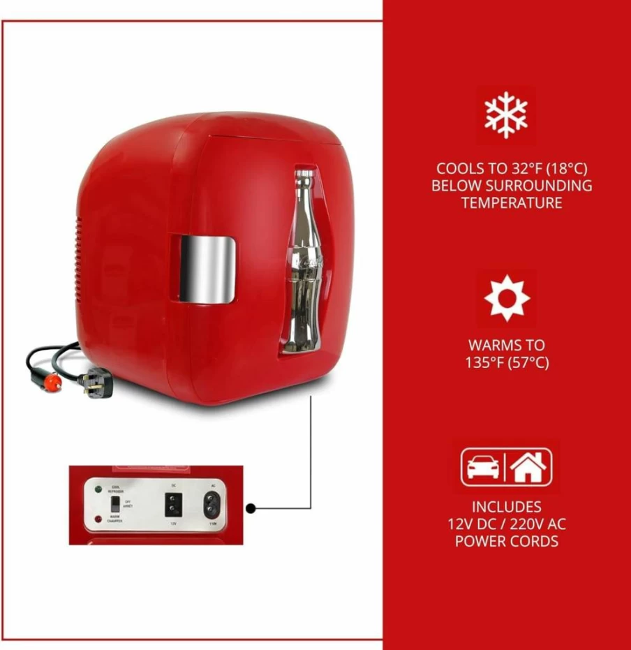 Koolatron 12 Can Portable Cooler Warmer 7.9L (8.3 Qt) with 12V/AC Cords, Personal Mini Fridge for Drinks, Snacks, Lunch, Home, Office, Dorm, Travel - Red & Silver