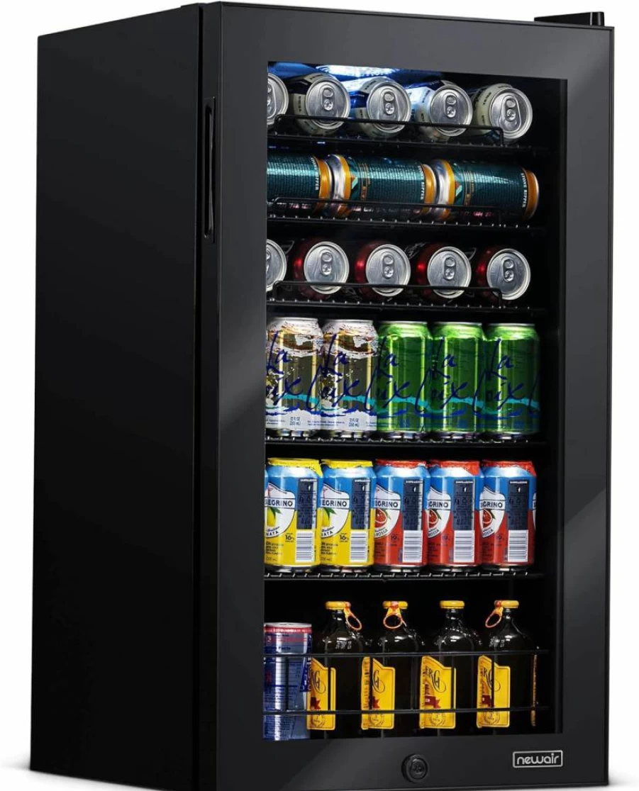 NewAir 126 Can Beverage Cooler - Black Freestanding Mini Fridge with Glass Door for Beer, Wine & Soda Storage