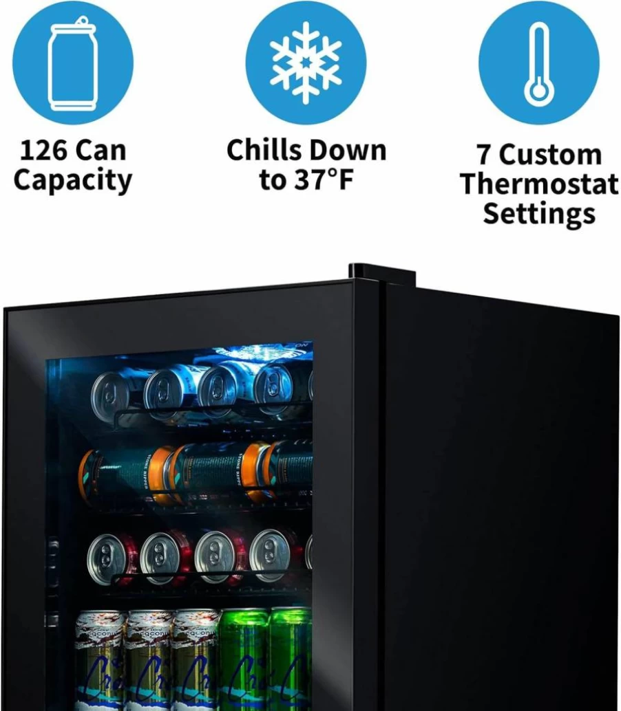 NewAir 126 Can Beverage Cooler - Black Freestanding Mini Fridge with Glass Door for Beer, Wine & Soda Storage