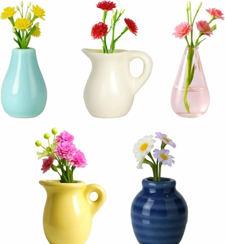 Renmxj Mini Ceramic Vase Magnets - 5 Pack Tiny Fridge Vases with Fake Flowers, Cute Kitchen & Office Decor for Refrigerator, Locker, Gift Idea