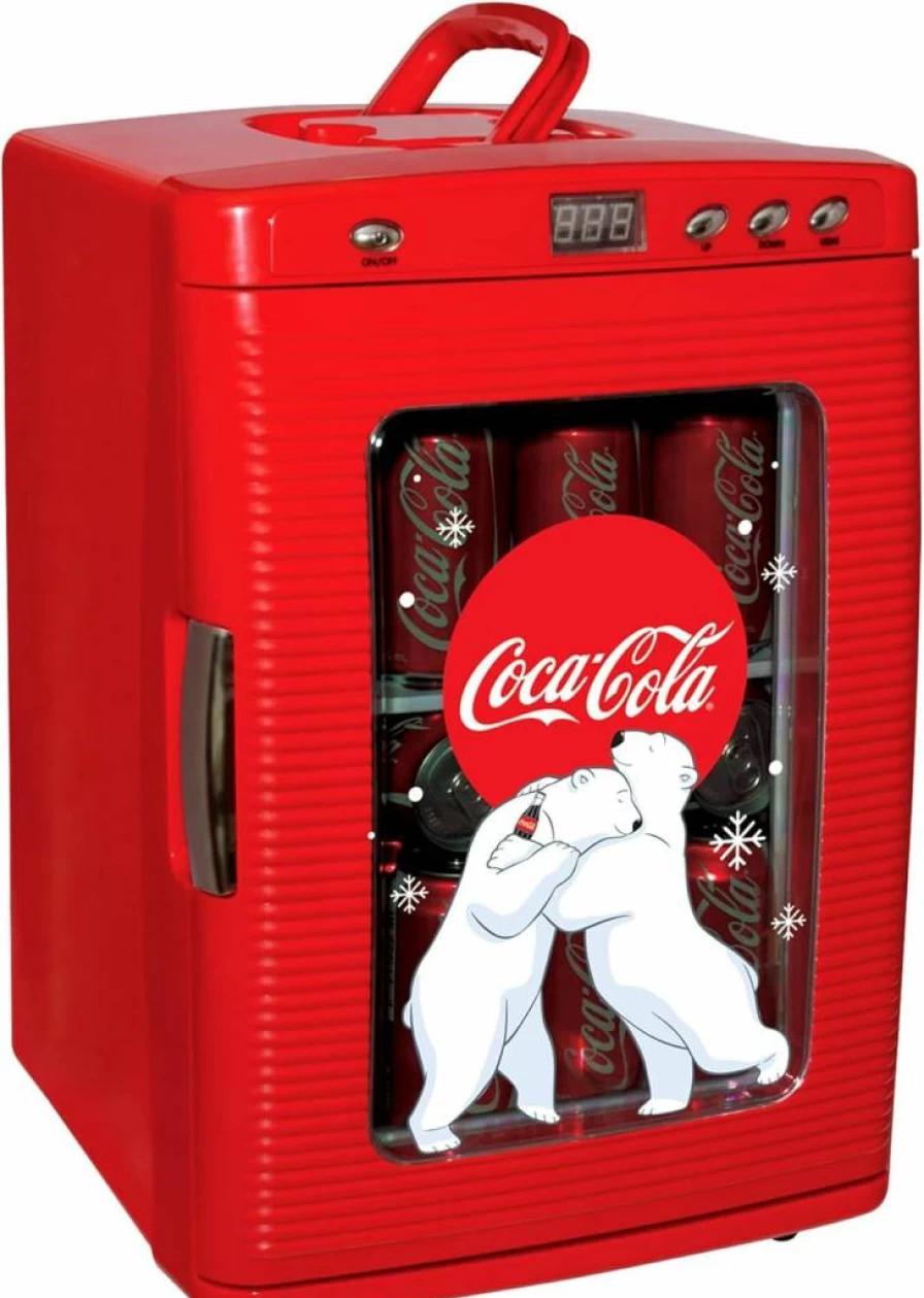 Coca-Cola 25L Portable Cooler and Warmer with Polar Bear Design, Red Personal Travel Fridge for Car and Home, Includes 12V DC and AC Power Cords, 28 Can Capacity