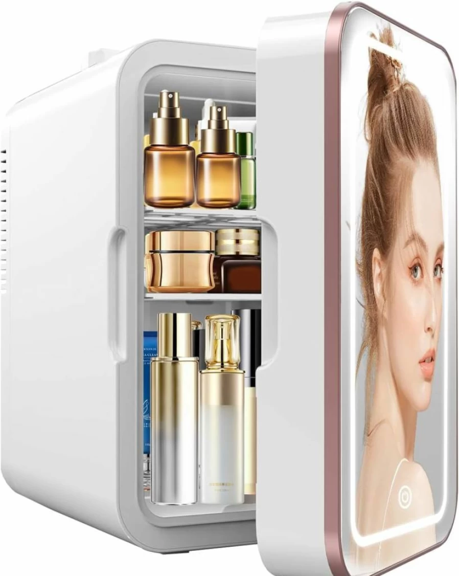 YLFU 6L Mini Skincare Fridge with Dimmable LED Mirror - Portable Cooler & Warmer for Cosmetics, Bedroom, Office - Compact White Refrigerator