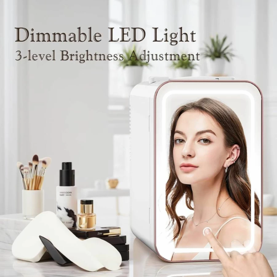 YLFU 6L Mini Skincare Fridge with Dimmable LED Mirror - Portable Cooler & Warmer for Cosmetics, Bedroom, Office - Compact White Refrigerator