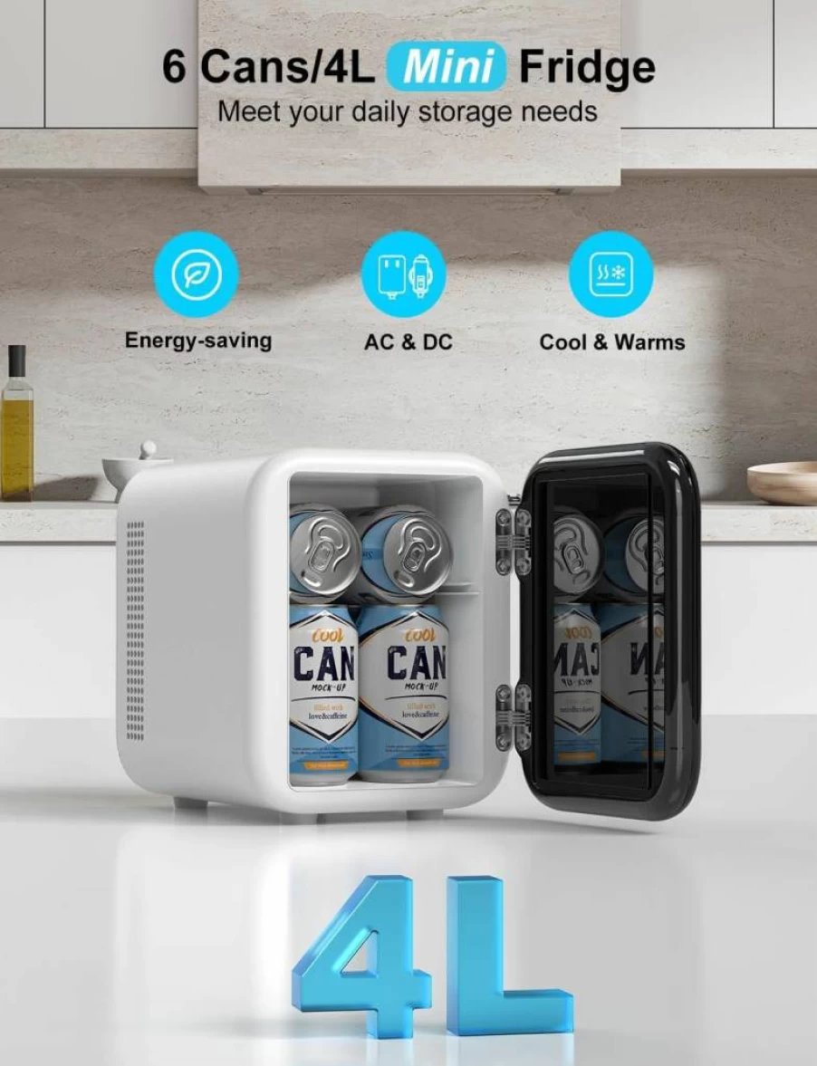 CROWNFUL 4L Portable Mini Fridge - 6 Can AC/DC Cooler & Warmer for Skincare, Food, Drinks in Bedroom, Car, Office, Dorm | ETL Certified Compact Refrigerator (Black)