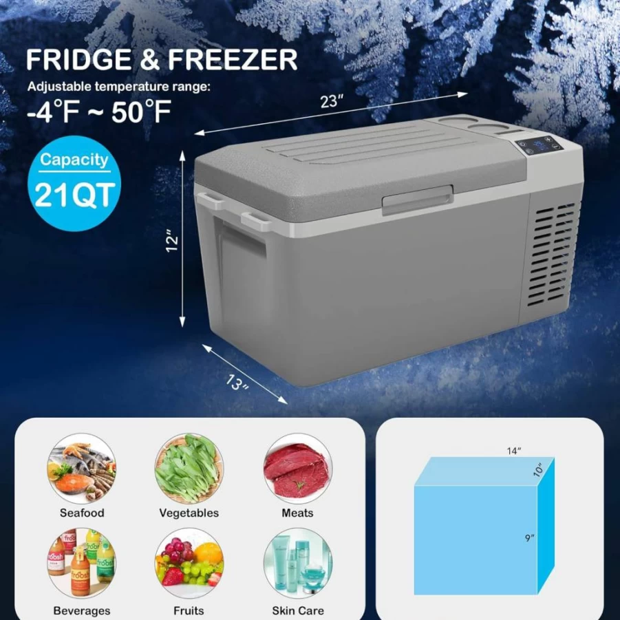 IDEALHOUSE 12V/24V Portable Car Refrigerator 21Qt, 110-240V AC/DC Electric Cooler for Camping, Travel, Truck, RV, Home & Office, Battery Powered Compact Freezer