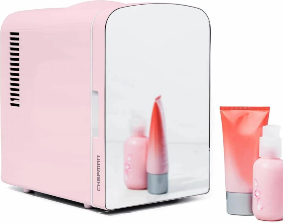 Chefman Pink 4L Portable Mini Fridge for Skincare & Makeup - Cool & Heat Travel Cosmetic Storage for Serums, Face Masks & Beauty Products
