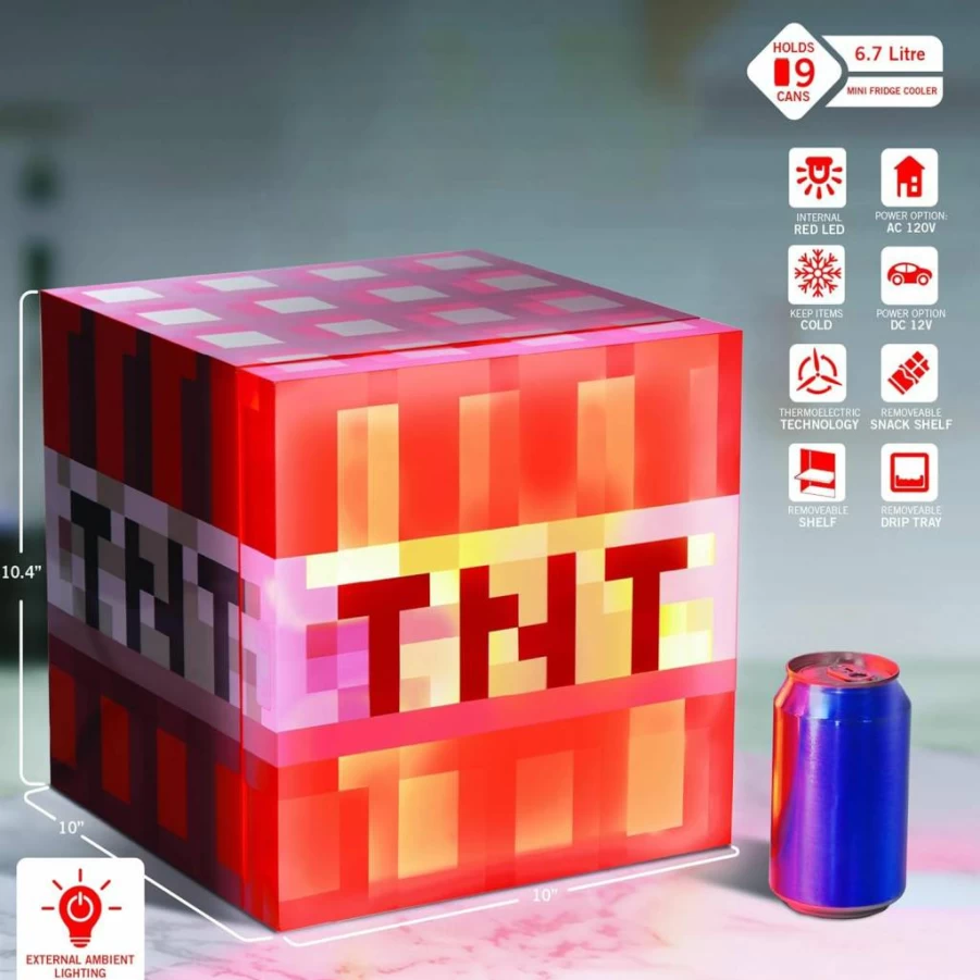 Ukonic Minecraft TNT Mini Fridge 6.7L - Portable Thermoelectric Cooler for 9 Cans, AC/DC Powered Gaming Decor for Dorm, Office, Car, RV