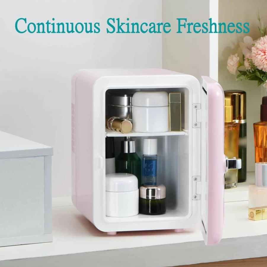 Iceblue 4L Mini Skincare Fridge with Viewing Window - Portable Cooler & Warmer for Cosmetics, Cars, Office, Dorm - Pink Makeup Refrigerator (110V AC/12V DC)