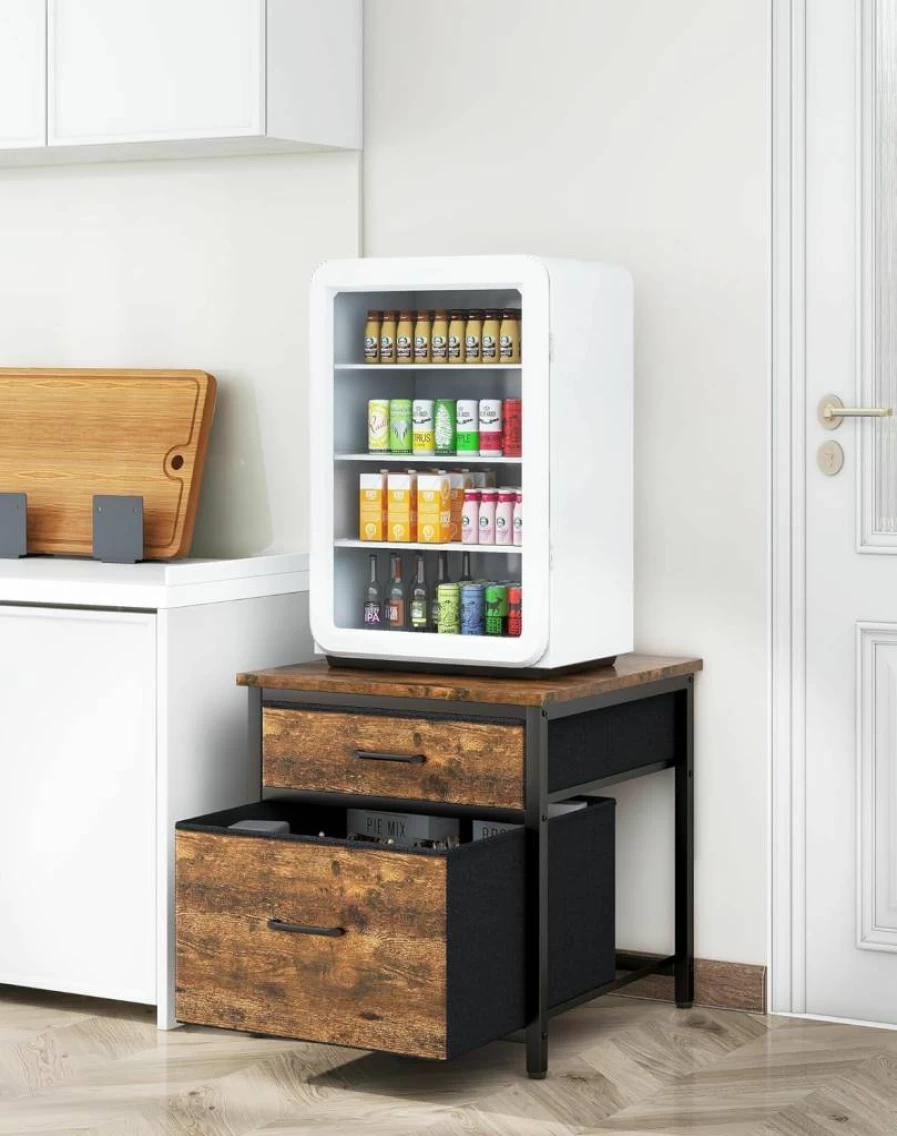 YMYNY Mini Fridge Stand with Storage Cabinet & Fabric Drawers - 250Lbs Heavy-Duty Refrigerator Table, Coffee Bar Shelf for Home, Office, Bedroom - Black HBR008B