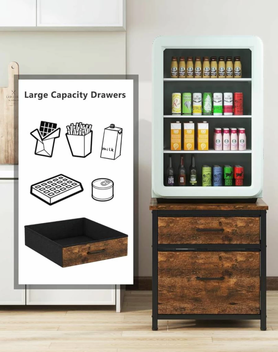 YMYNY Mini Fridge Stand with Storage Cabinet & Fabric Drawers - 250Lbs Heavy-Duty Refrigerator Table, Coffee Bar Shelf for Home, Office, Bedroom - Black HBR008B